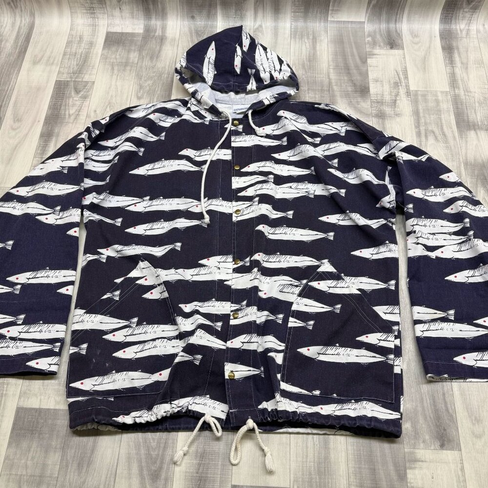 ✅Mens XL VTG Michigan Rag Co Jacket Blue Fish Allover Print Lightweight Nautical